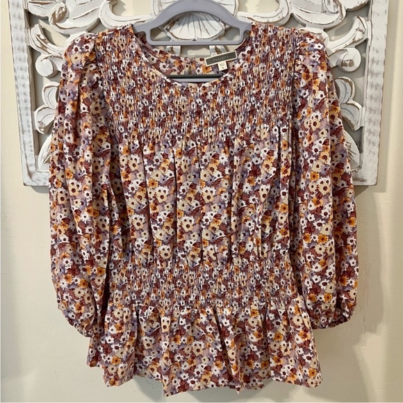 Pleione by Anthropologie Orange and Purple Peplum Blouse (Medium) - Picture 1 of 5